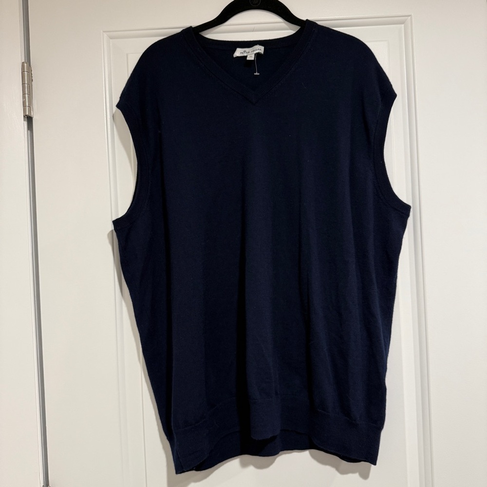 Peter Millar Crown Men's Navy Merino Wool Blend V-Neck Sweater Vest Size XL Golf
